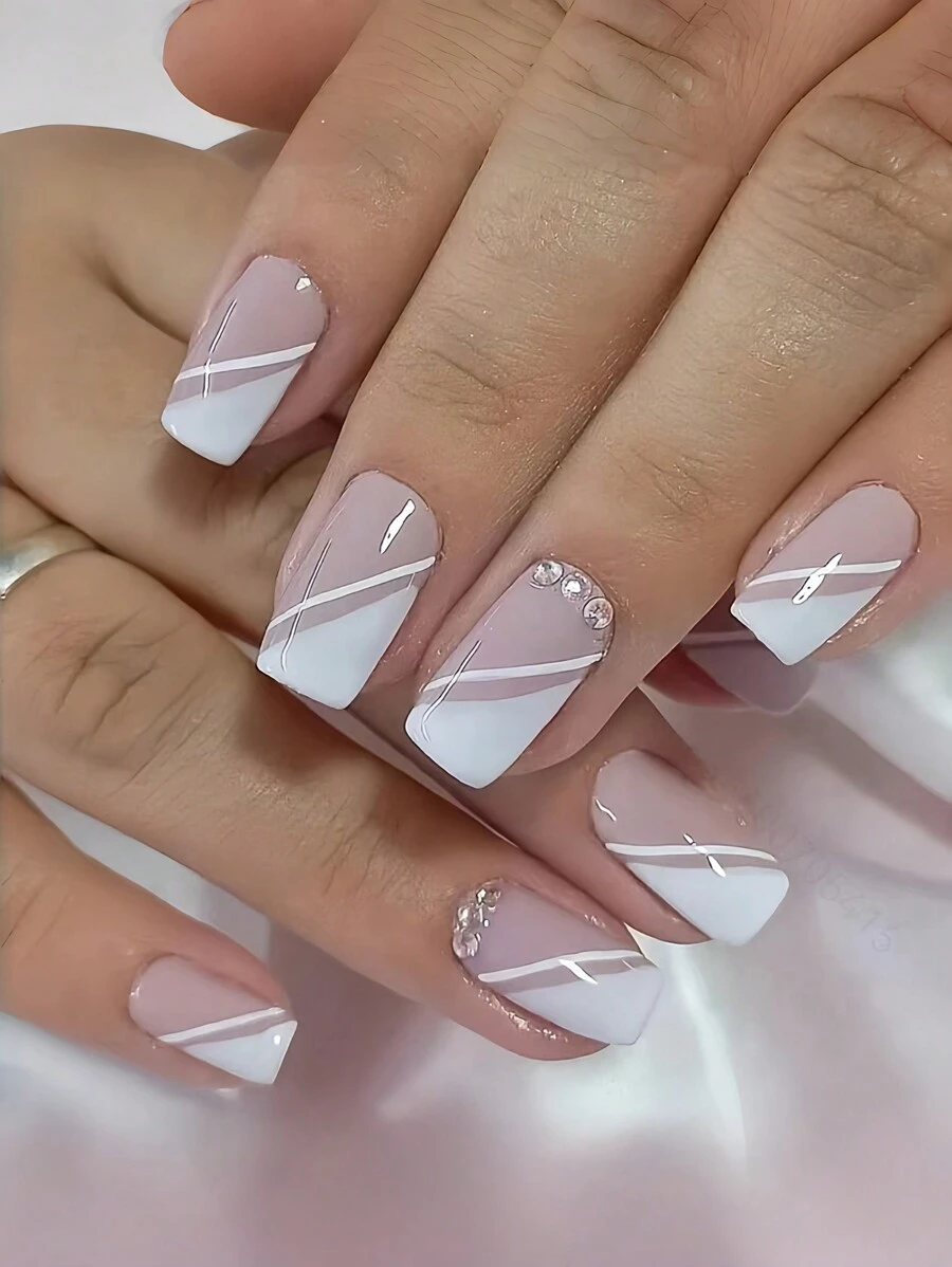 24pcs White French Style Half Covered Rhinestone Square Shape False Nail Stickers + Jelly Glue + Nail File Press On Nails Nail Supplies