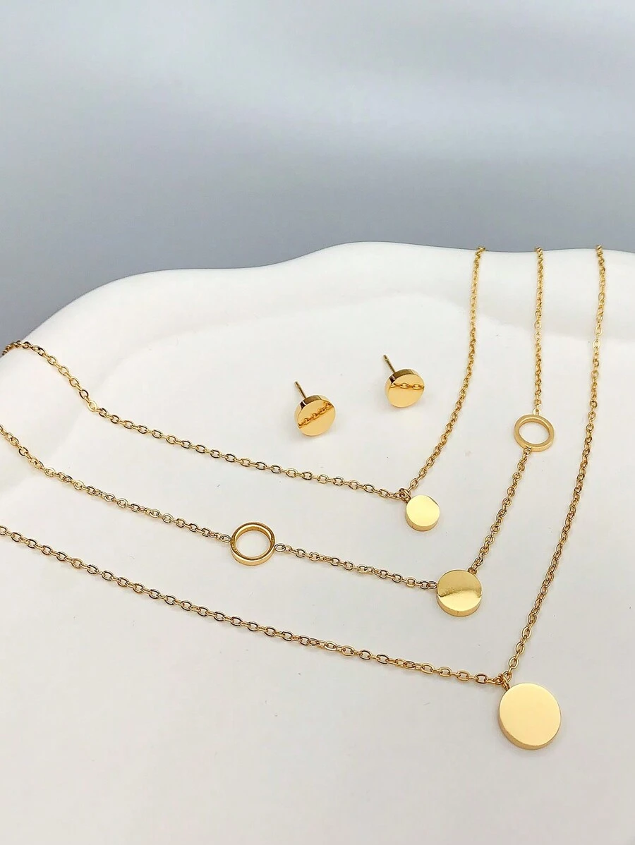 Women's Gold Layered Stainless Steel Necklace 18k Gold-Plated Exquisite Smooth Round Gold Coin Earrings Fashionable Layered Heart Cute Pendant Necklace Set Of Women's Ear Studs Gold Jewelry, For Valentine's Day, Wedding Season, Anniversaries, Mother's Day, Gifts For Family And Friends