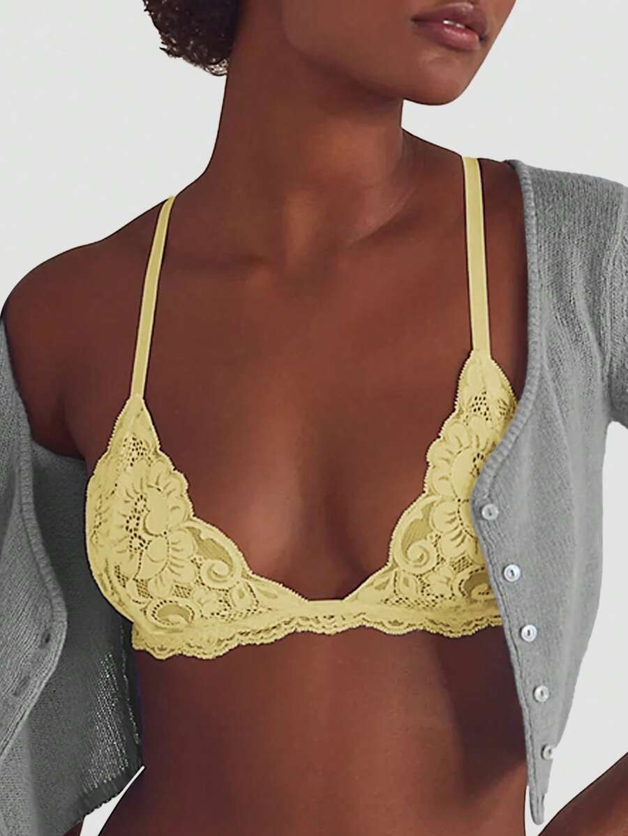 Holiday Season Ultrathin Bra Bridal Lingerie Ladies Bra Floral Female Underwear For Small Breasts Lace Bralette Yellow Bra Top Women Soft Seamless Bras Triangle Cup Sexy Lingerie For Small Chest