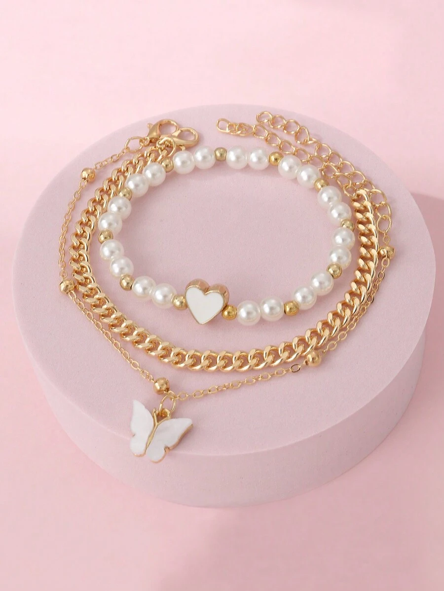 Set de 3 collares con colgante de mariposa y corazón, con cuentas de perlas falsas, y pulsera personalizada para niños