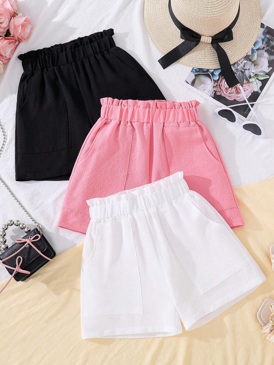 paquete de 3 pantalones cortos casuales y sueltos de cintura fruncida de unicolor para niñas preadolescentes de verano