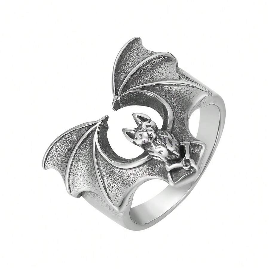 1 Stück Fledermaus Design Edelstahl Ring, modisch für Unisex Halloween, US Größe