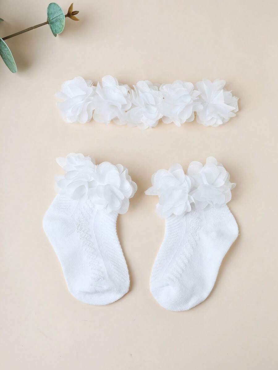 1 pièce Bandeau de fleur en mousseline blanche pour bébé + 1 paire de chaussettes aérées ajourées, amour Saint-Valentin