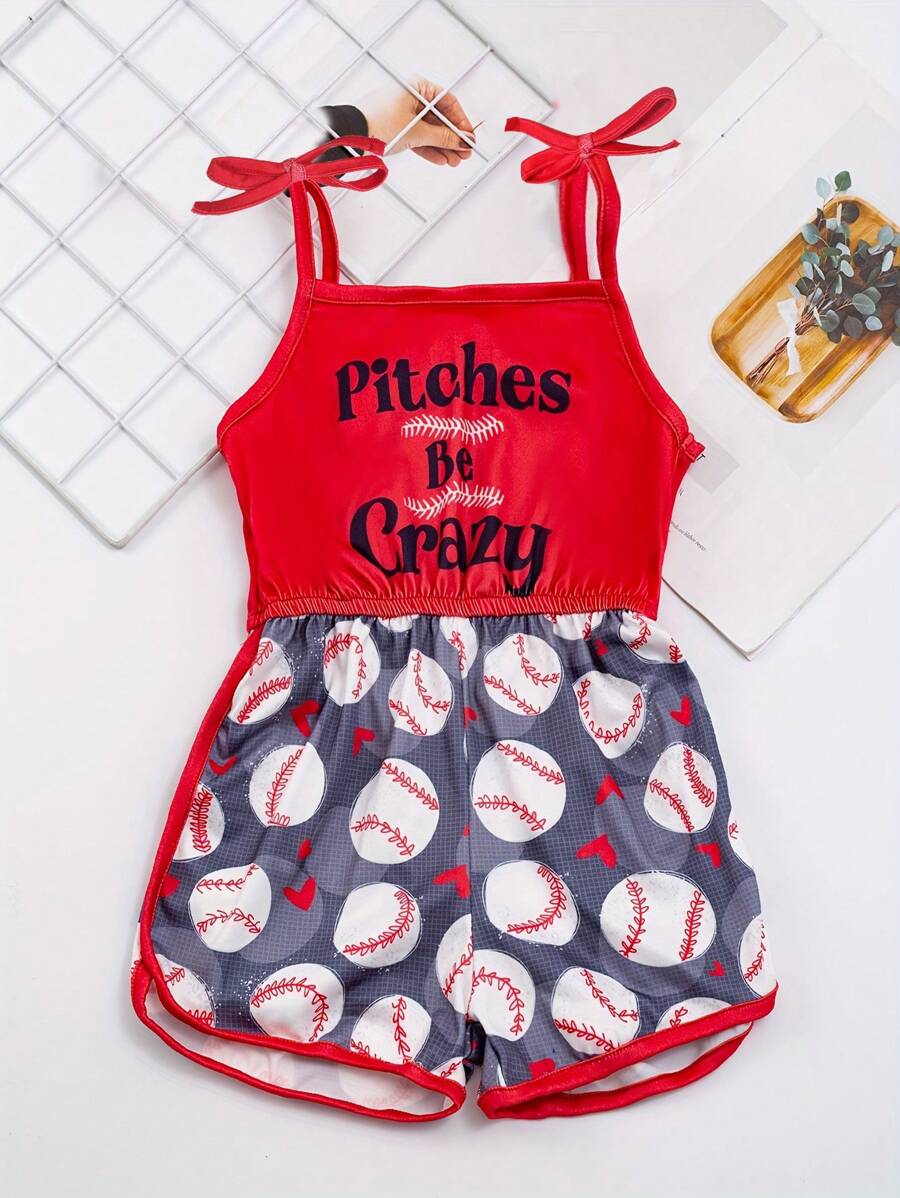 Young Girl Stretchy Splicing Letter Print Baseball Graphic Cami Jumpsuit Romper Summer Sports Gift Party