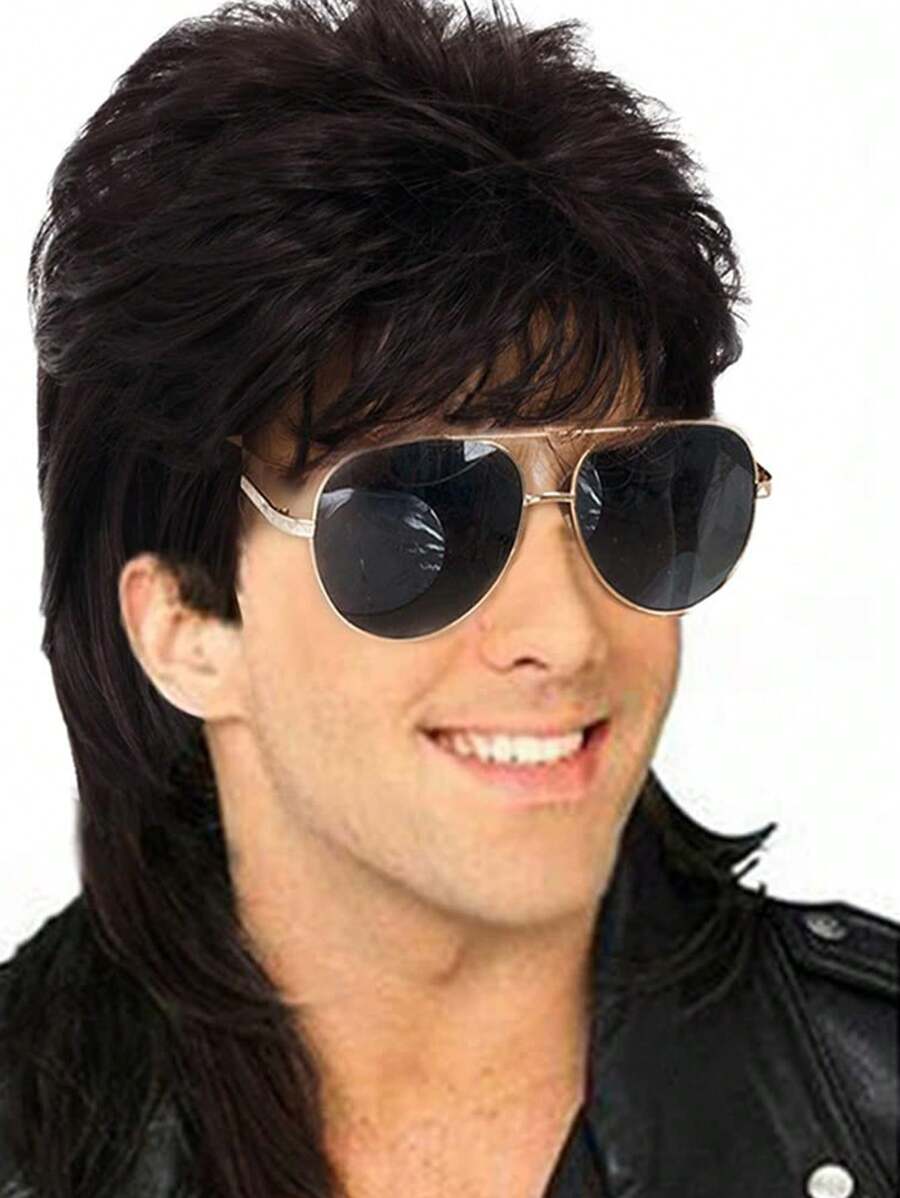 Parrucche alla mullet per uomo ricci castani anni 70 80 per costumi e travestimenti di Carnevale, parrucche retrò per discoteca, punk e rocker