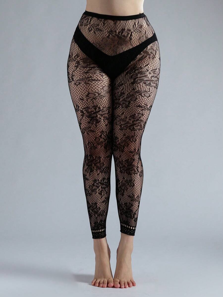 1 pezzo Calzamaglia a rete corta da donna con fiori a maglia vuota, leggings sexy alla moda per abbinare qualsiasi abbigliamento
