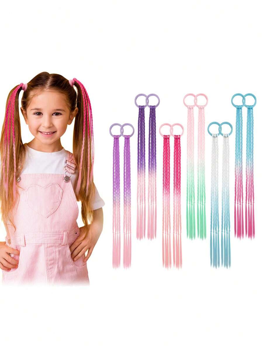 2pcs Kids Colorful Hair Extensions, Braided Ponytail Hair Pieces, Girls' Hair Accessories, Crazy Hair Day Costume Accessories