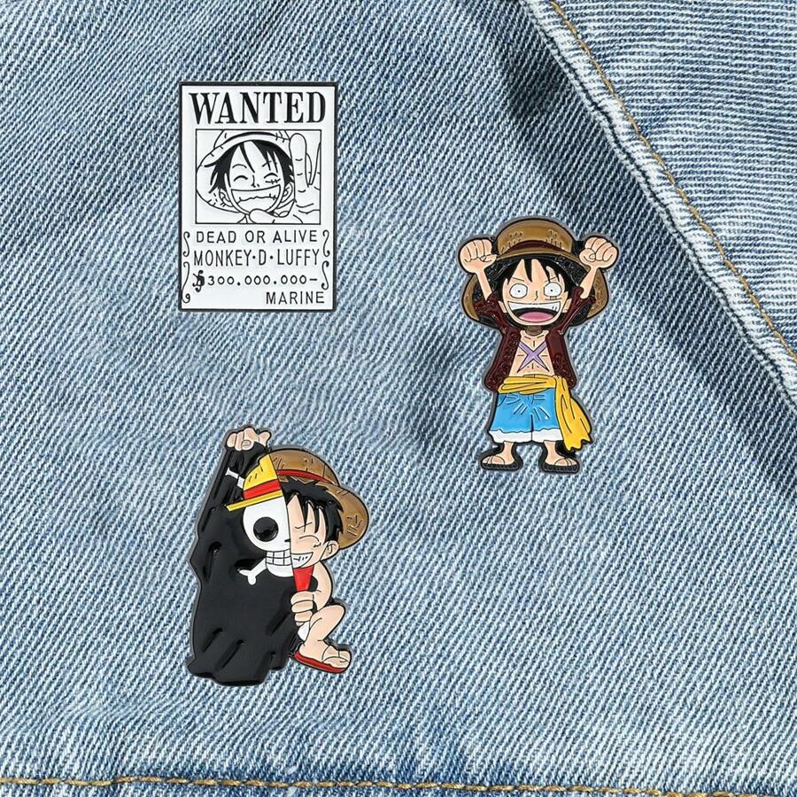ONE PIECE Juego de 3 piezas de broches de personajes de dibujos animados de la serie ONE PIECE, pasadores de solapa esmaltados elegantes como accesorios de joyería para mochila, camisa y regalo