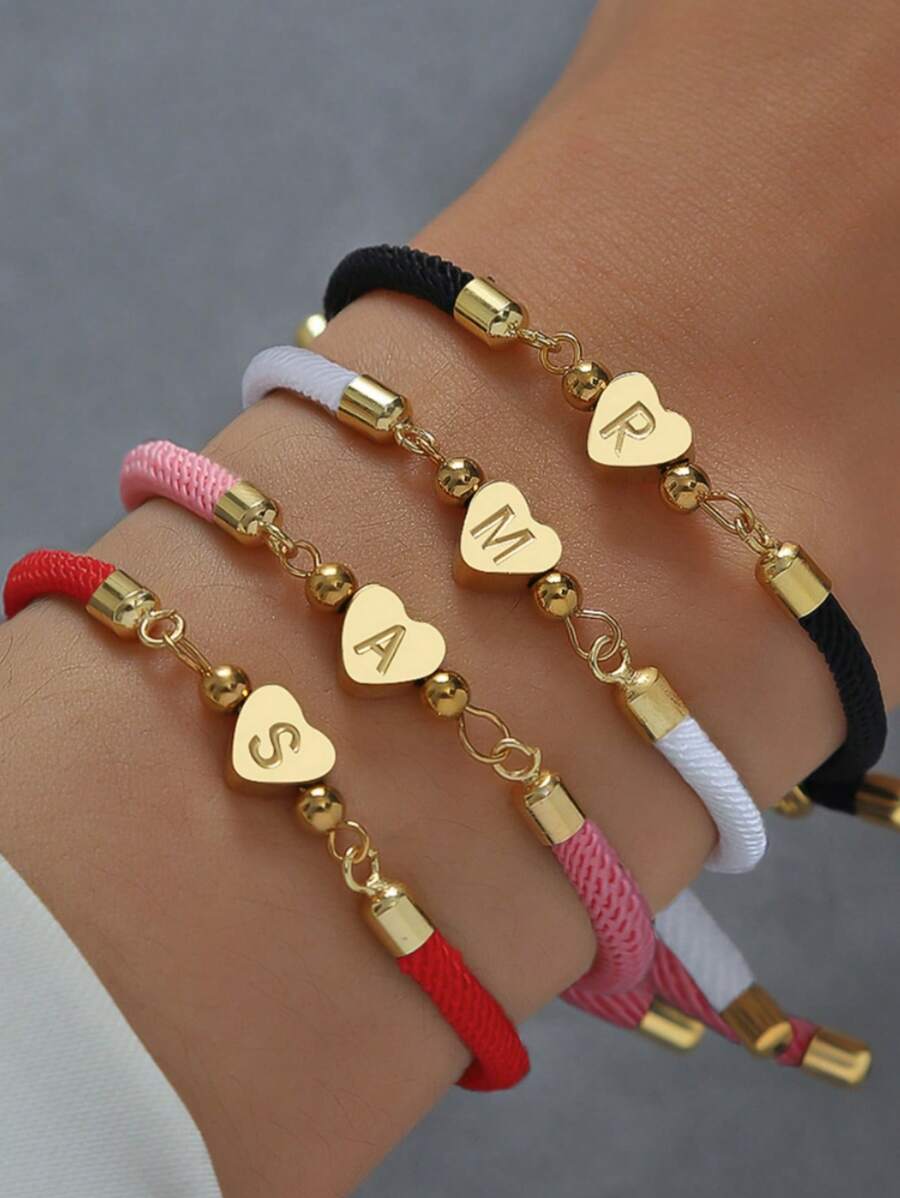 1 pièce Bracelet pour femmes de 4 couleurs A-Z Initiale 26 Lettre Cœur Couleurs de plage Bracelet corde réglable Cadeau de bijoux pour la Saint-Valentin