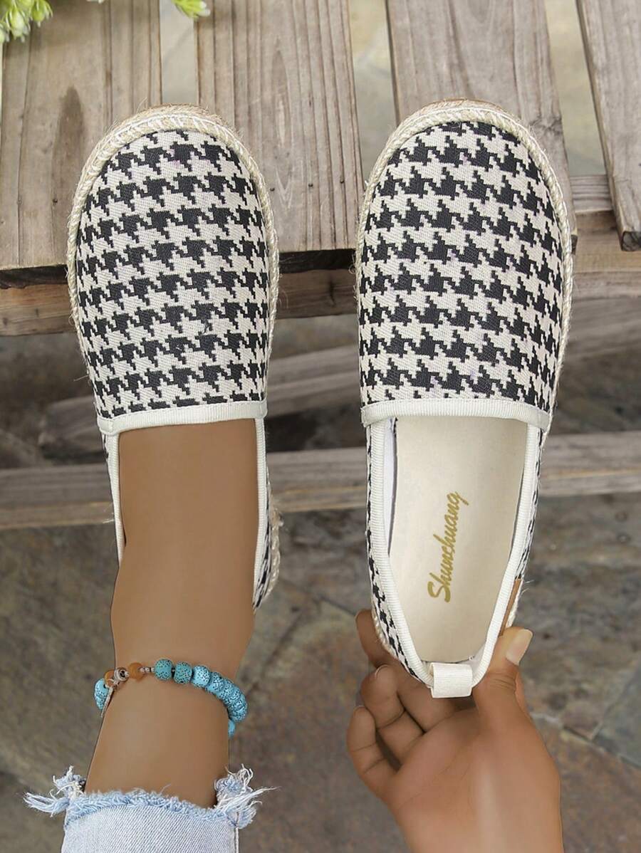 Zwart-witte damesschoenen met pied-de-poule geweven onderkant, gebreide, ademende schoenen voor reizen en casual uitstapjes, met antislip- en slijtvaste eigenschappen