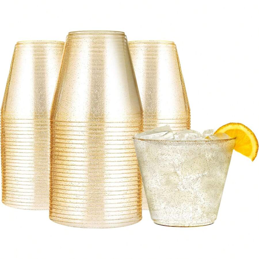 100 pièces/50 pièces/25 pièces Gobelets pailletés dorés de 270 ml, clairs et durables, parfaits pour les mariages, les restaurants, les cuisines, les fêtes et plus encore