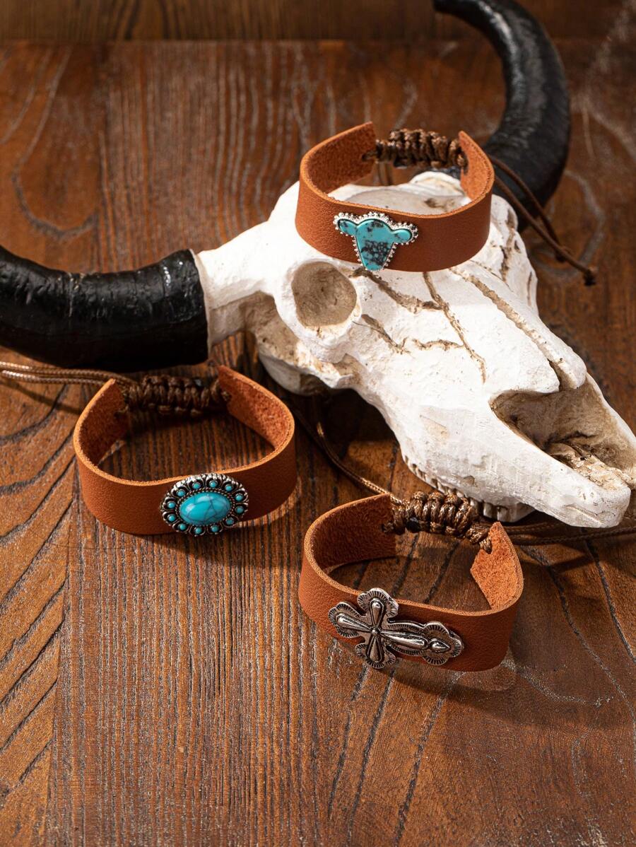 1 pieza Brazalete con concha de cabeza de vaca, cruz y piedra de turquesa azul en estilo occidental para mujeres