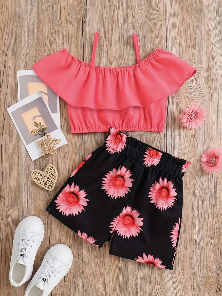 Conjunto de blusa de hombro frío para niña con ribete de volantes y pantalones cortos con estampado de girasoles, trajes de verano para niños