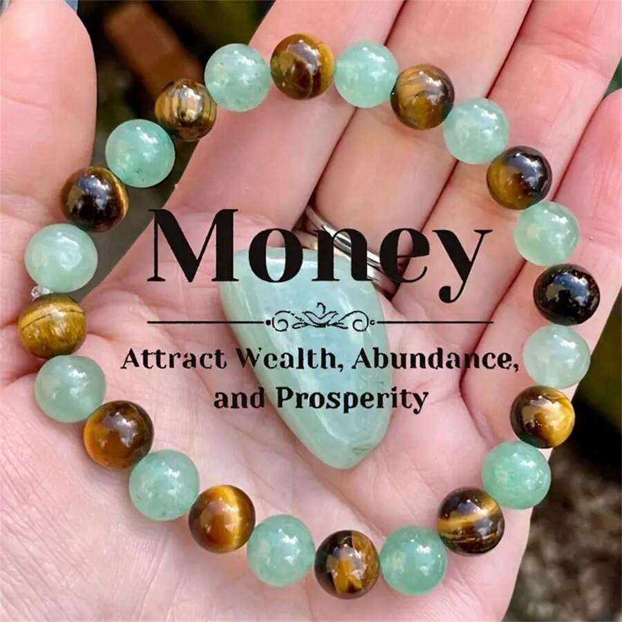 1 peça Pulseira Magnética para Dinheiro - Pulseira de Atração de Carreira e Riqueza, com Pedra Dongling Verde, Pedra Olho de Tigre Amarela e Contas Redondas de Cristal de 8mm