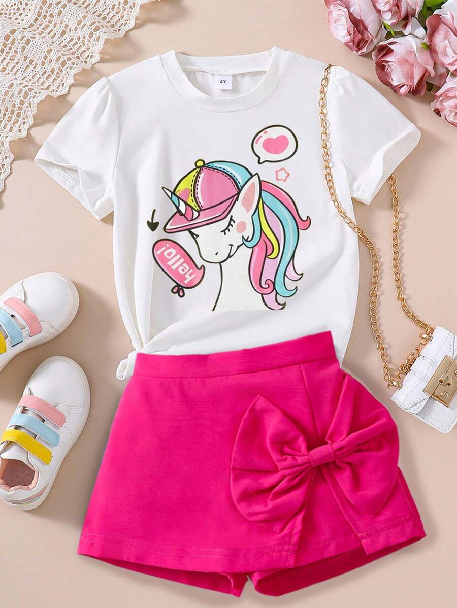 Blusa de manga curta com estampa de unicórnio para meninas e saia-calça com laço liso