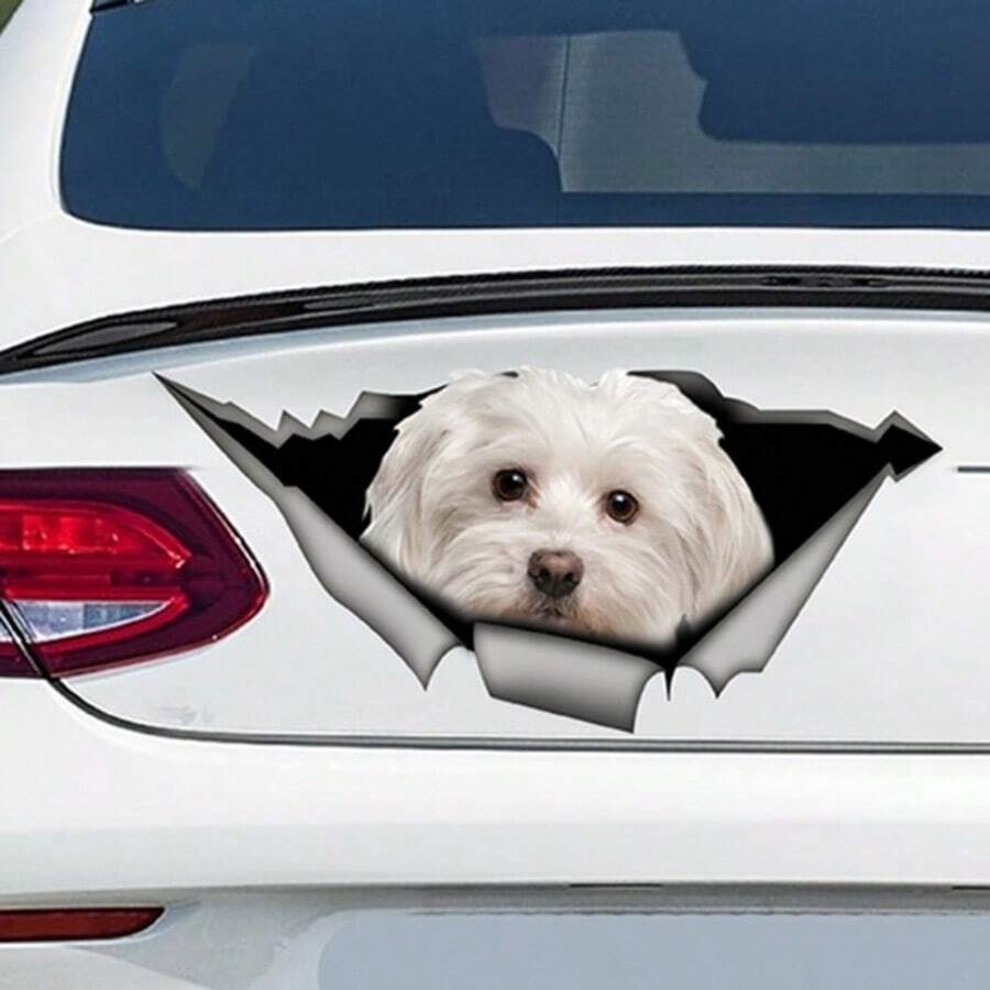 Pegatina de coche Maltese linda de mascota de perro, decoración de coche Torn Metal Decal Reflective Sticker impermeable estilo de coche