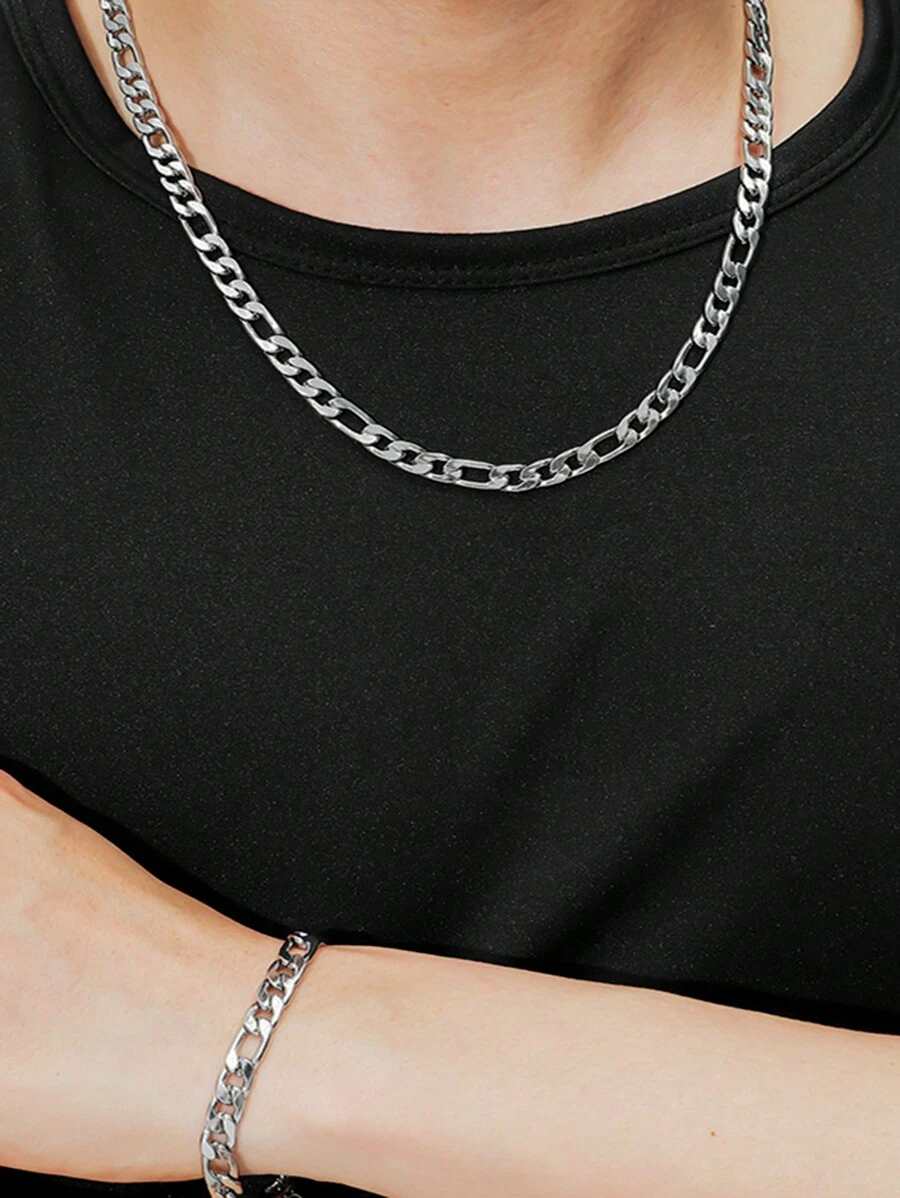 2pcs/Set Stainless Steel Figaro Chain Necklace & Bracelet Jewelry Set, Stylish Hip Hop Design For Men