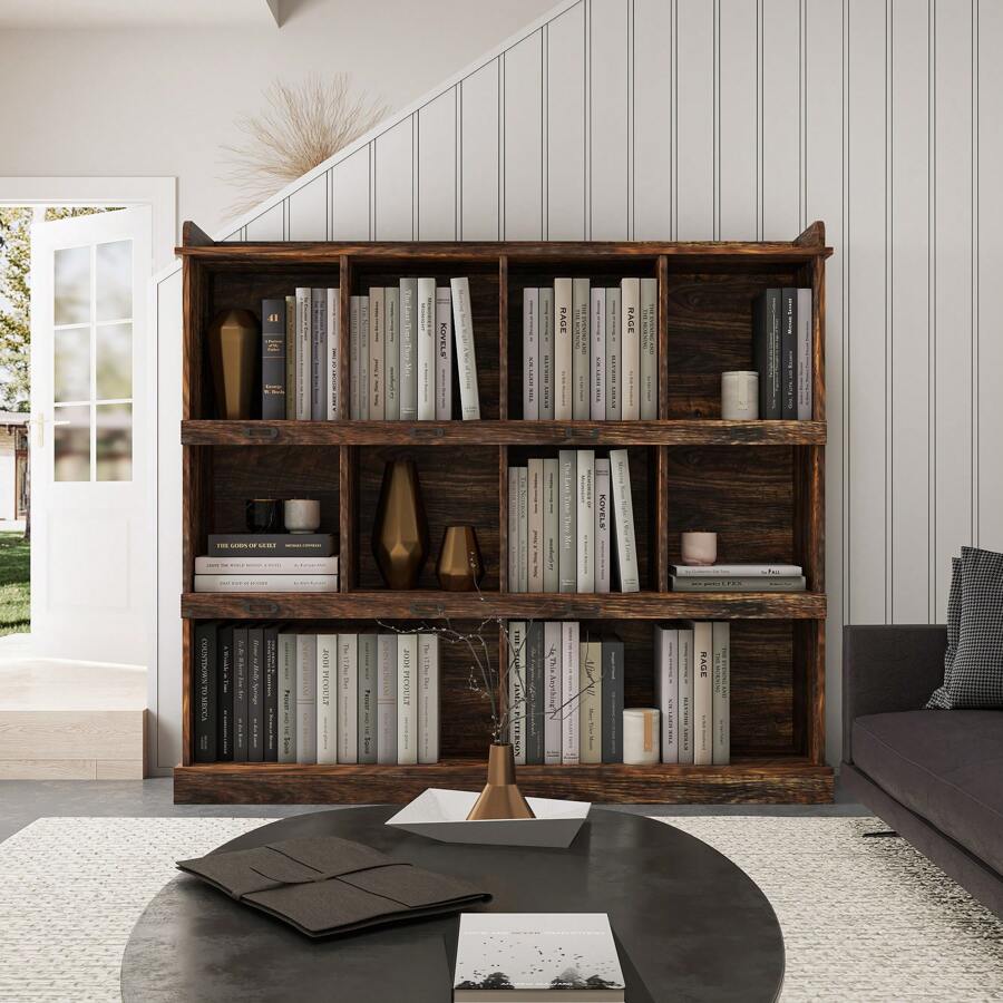 QQD Bookshelf Book Shelfs Premium 10 Shelf Bookcase Shelves Floor Standing Display Cabinet Large Rack Wooden Organizer Versatile Storage Cube Shelf Cubbies Closet For Bedroom, Living Room Brown White