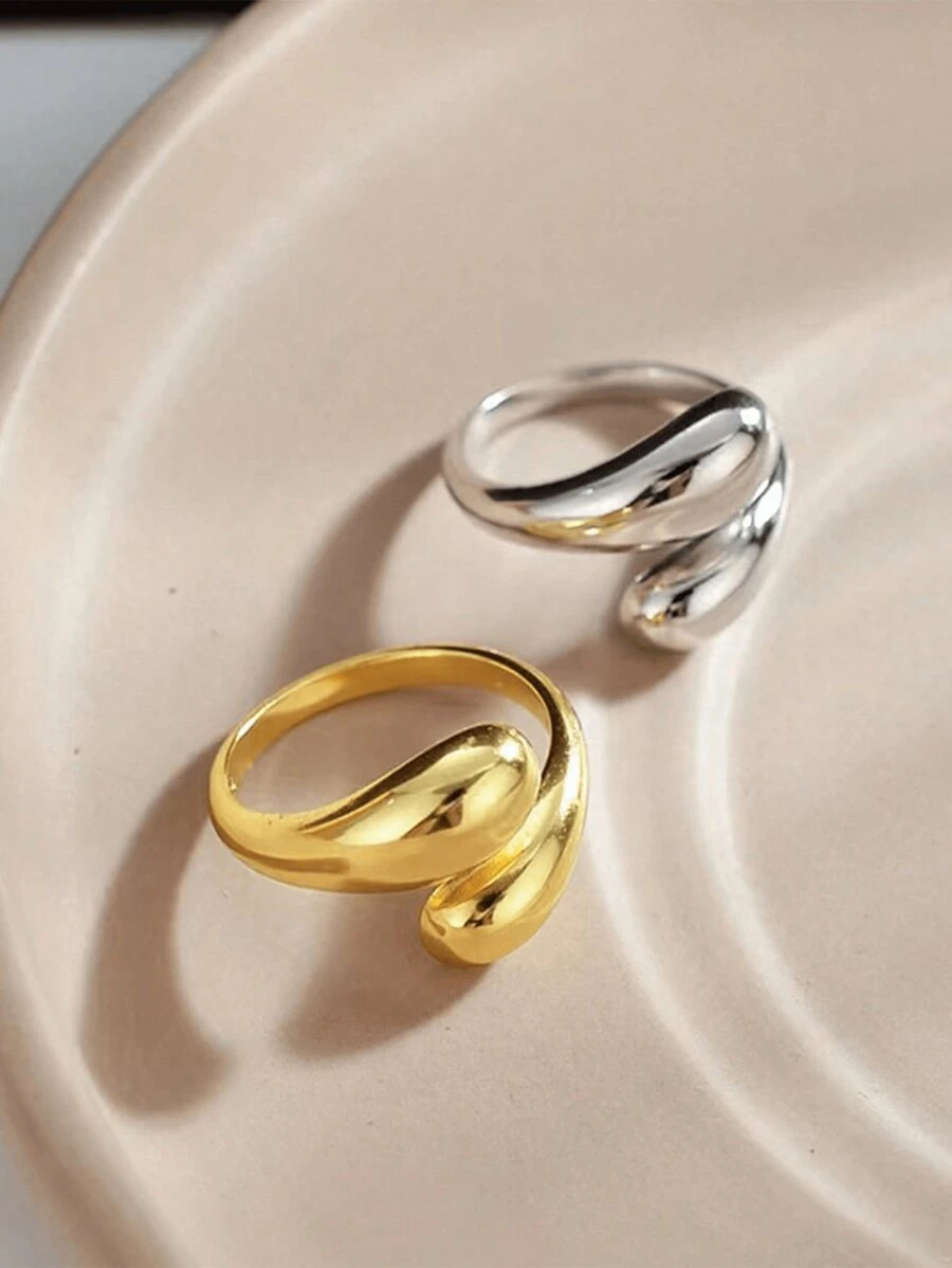 2 piezas Anillos ajustables de acero inoxidable en forma de gota de agua brillante para mujer con extremo abierto.