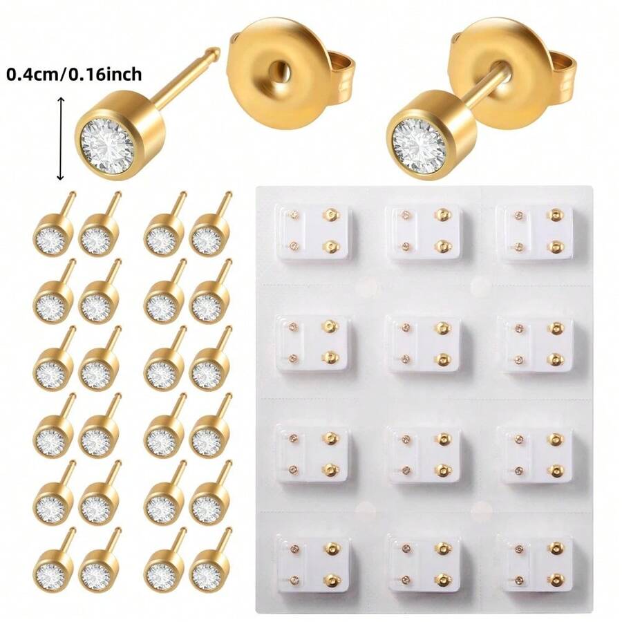 12 Pairs/Set Minimalist Dual-Tone Gold & Silver Iron Ear Piercing Studs With Plastic Clutch, Unisex, Suitable For Daily Wear