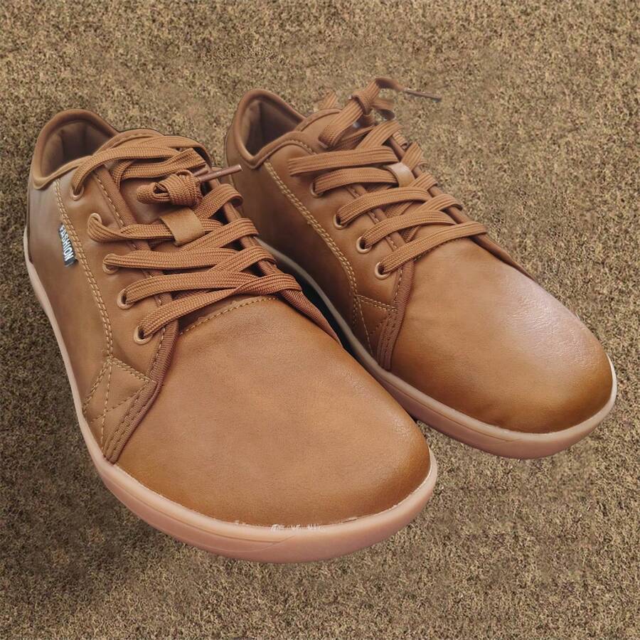Seasonal New Style Breathable Leather Barefoot Shoes With Wide Toe Box And Laces, Lightweight, Comfortable, Versatile, Casual Shoes, Men's Barefoot Shoes, Wide Sole, Indoor Weightlifting Shoes For Training