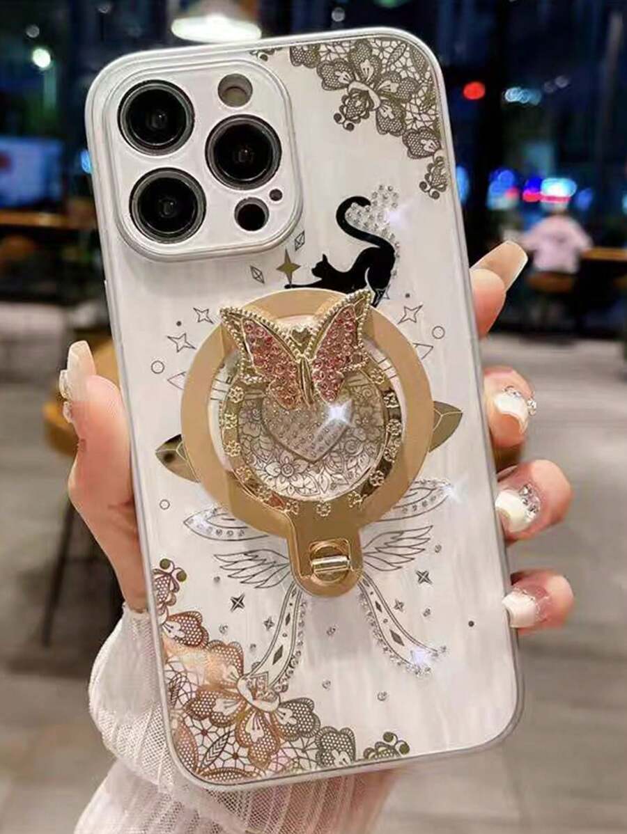 Night Cat Flash Drill Butterfly Magnetic Bracket Compatible With Apple Samsung 13/14/15 PRO/PROMAX/S22/S22PLUS/S23/PLUS/ULTRA/S24/Zfold4/5/Zflip3/4/5, Creative Fashion Full Protection Anti-Drop Phone Case Cover