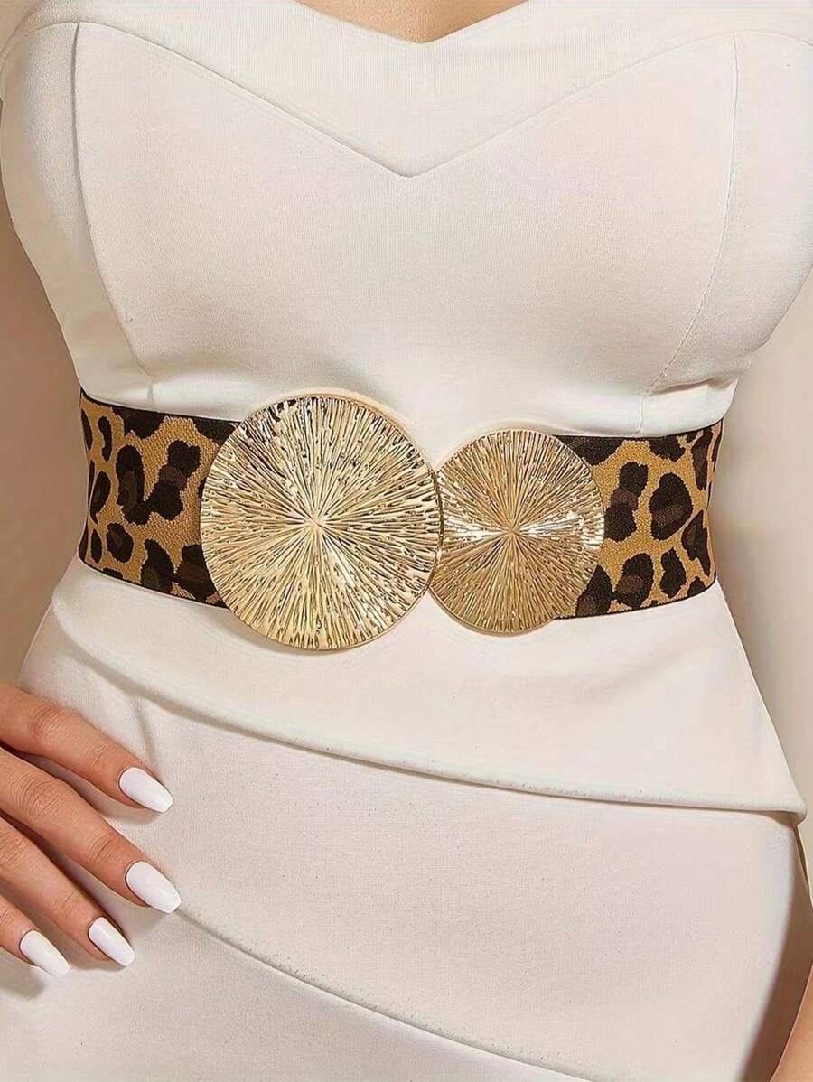 1pc Women's Vintage Elastic Waist Belt With Large & Small Circles, Suitable For Coats, Dresses, Etc. Halloween Leopard Print