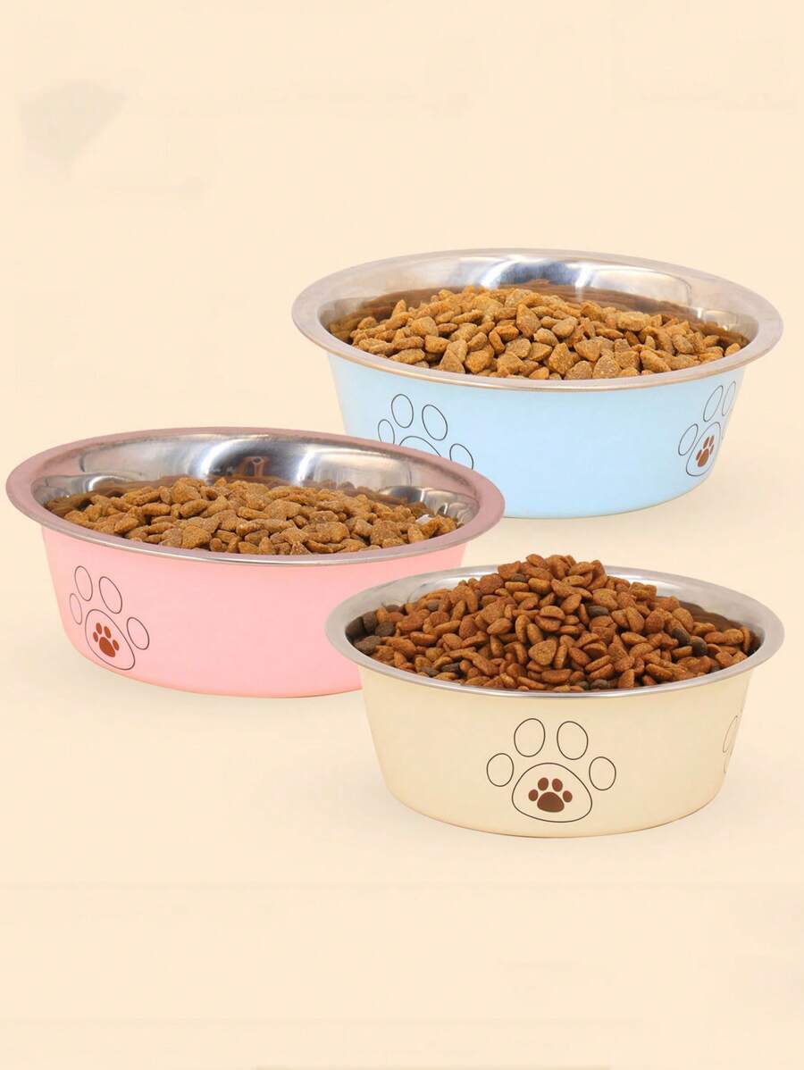 1pc Stainless Steel Pet Bowl With Paw Print, Anti-Tip And Skid-Proof Dog/Cat Bowl, Cartoon Pet Feeding Bowl For Cats And Dogs