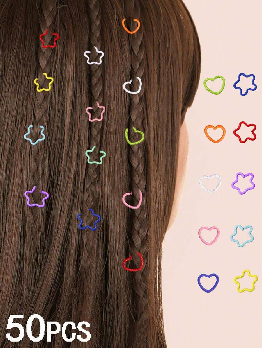 50 Stücke Kinder Bunte Metall Haarringen in Herz und Fünf-Stern-Form, Hip-Hop Punk Haaraccessoires, ideal für Zöpfe und Aktivitäten Outdoor