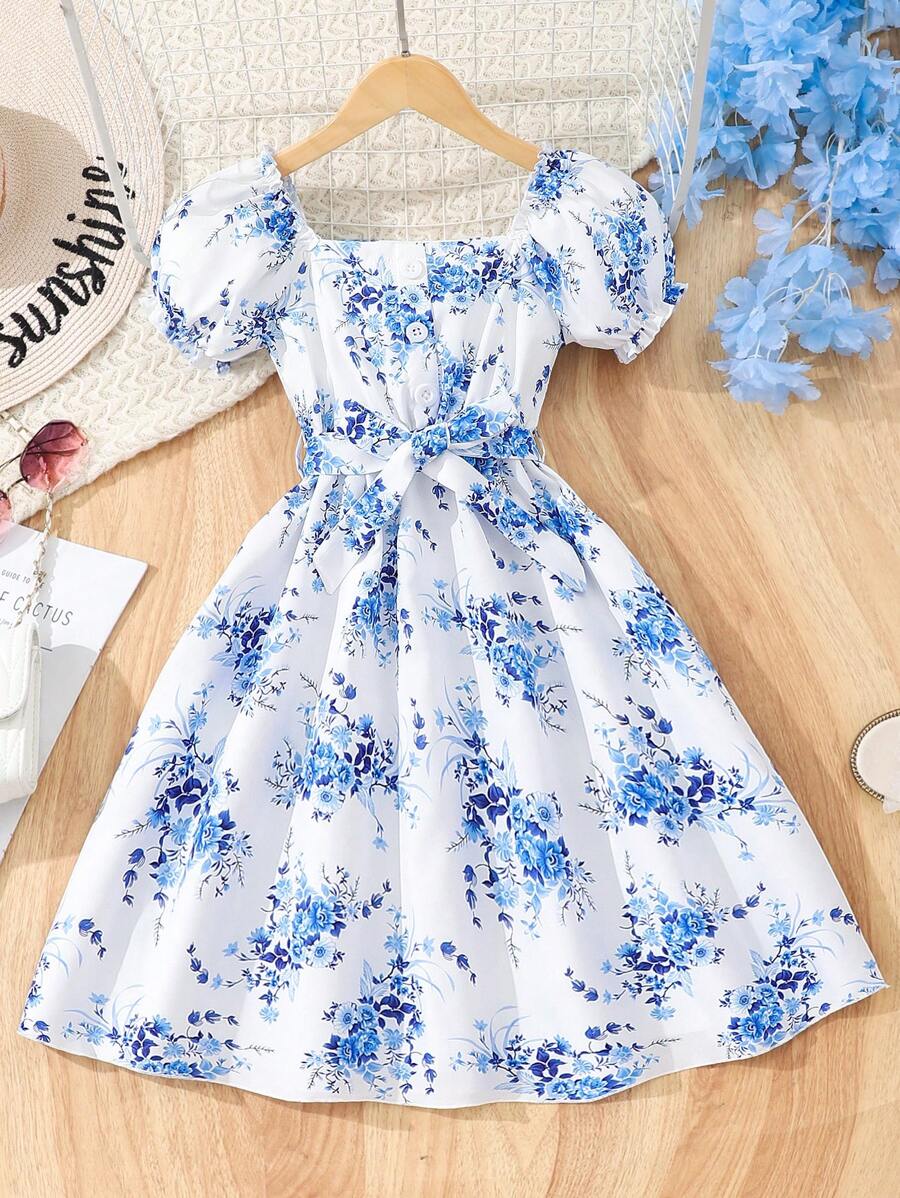 Vestido Casual de Verano para Niña Pre-Adolescente con Mangas Cortas y Estampado Floral con Cinturón