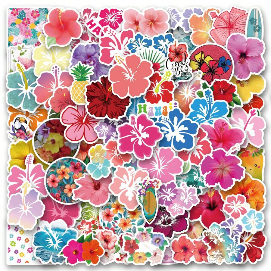 100 piezas de pegatinas de flores de hibisco de vinilo de estética de graffiti para scrapbooking, diario, portátil, parachoques, patineta, botella de agua, computadora, teléfono, dibujos animados, casco, pegatinas y calcomanías de automóviles