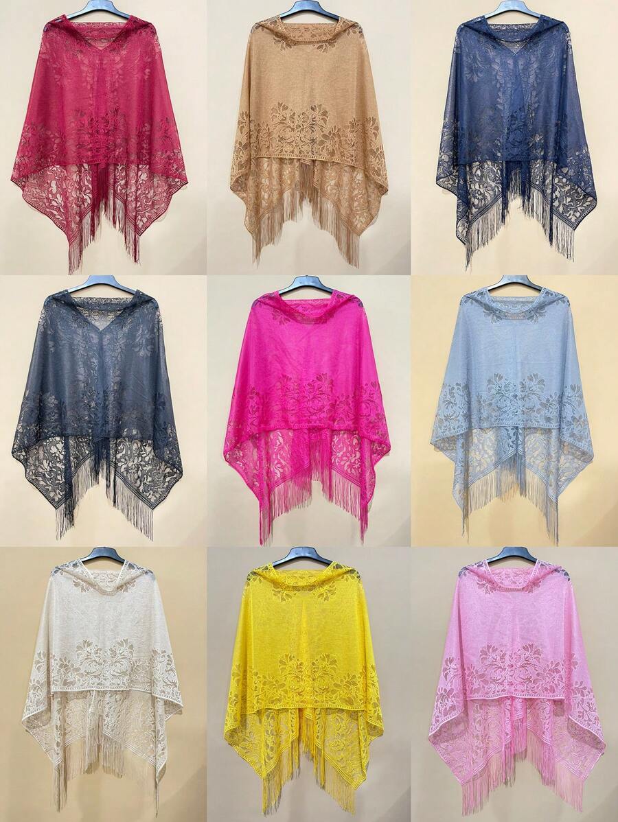 1 pieza Elegante Poncho primavera/verano de encaje de unicolor, chal protector solar con múltiples opciones de uso para mujeres