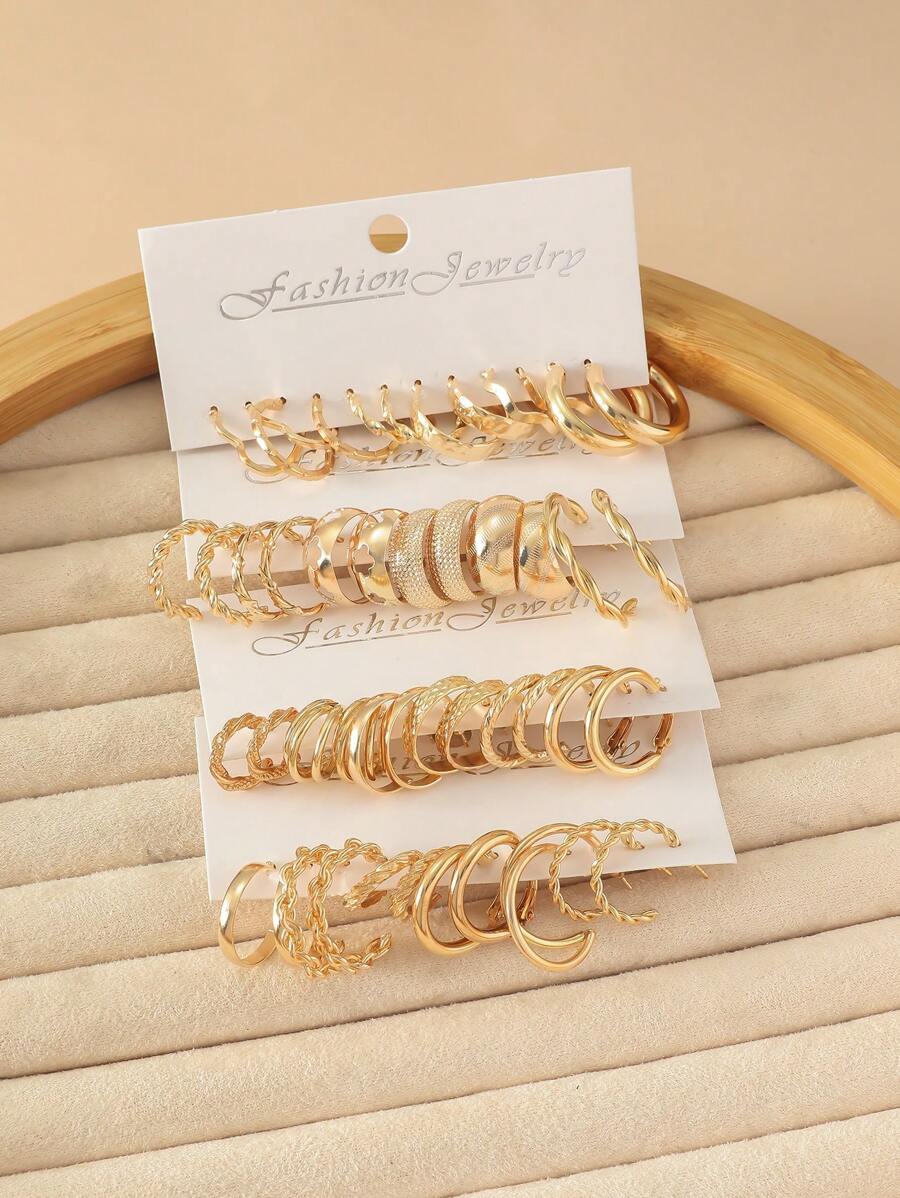 1 Set Of 24 Pairs Simple Fashion Creative C-Shaped Hoop Earrings Set, Vintage Personalized Classy Multipack Twisted Metal Geometric Ear Jewelry Set For Women's Everyday Wear