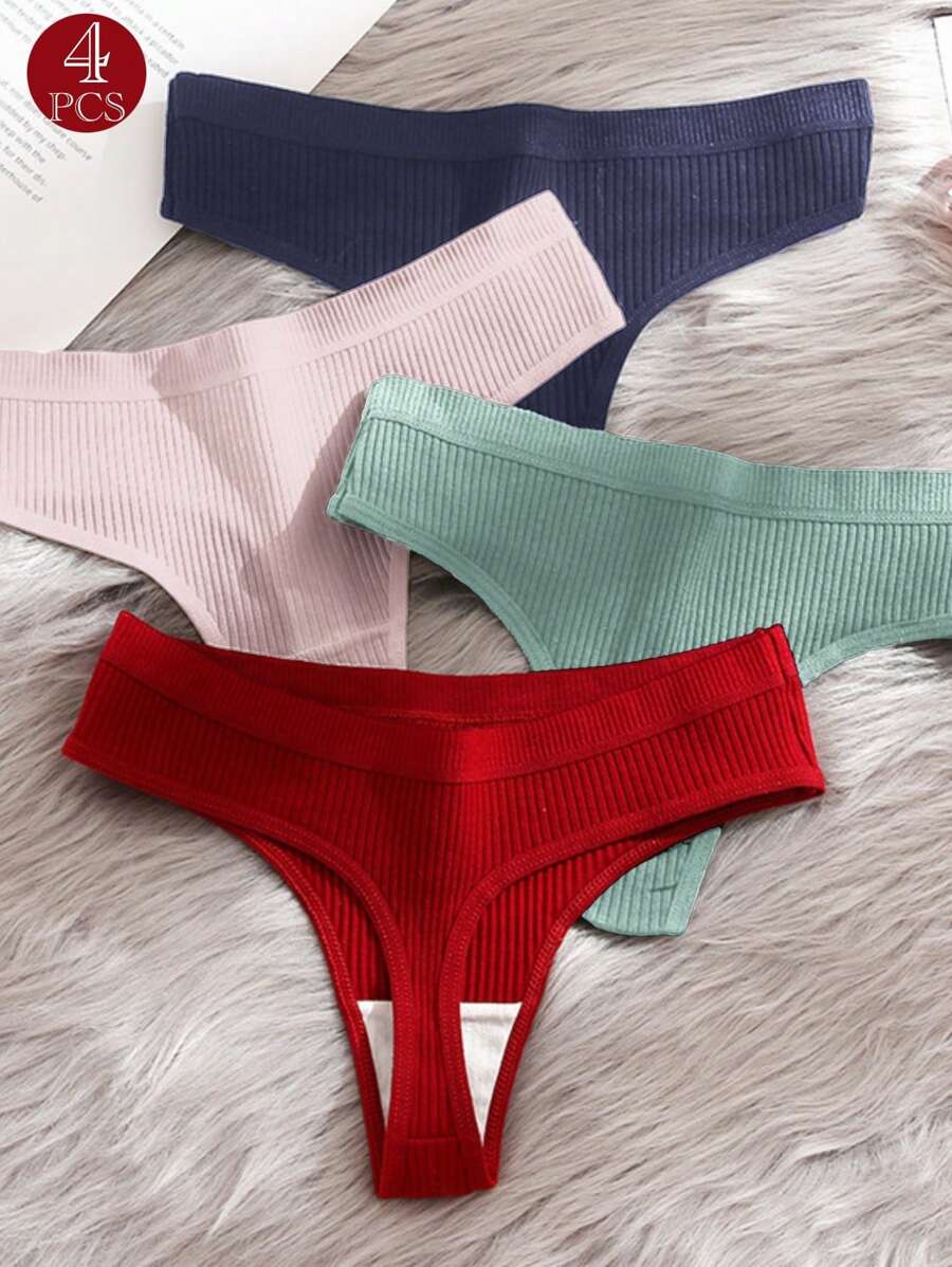 4 stuks dames effen kleur sexy strings, zacht en ademend dagelijks gebruik, hoge elasticiteit, huidvriendelijk, brede tailleband ribgebreide laagbouw slipje