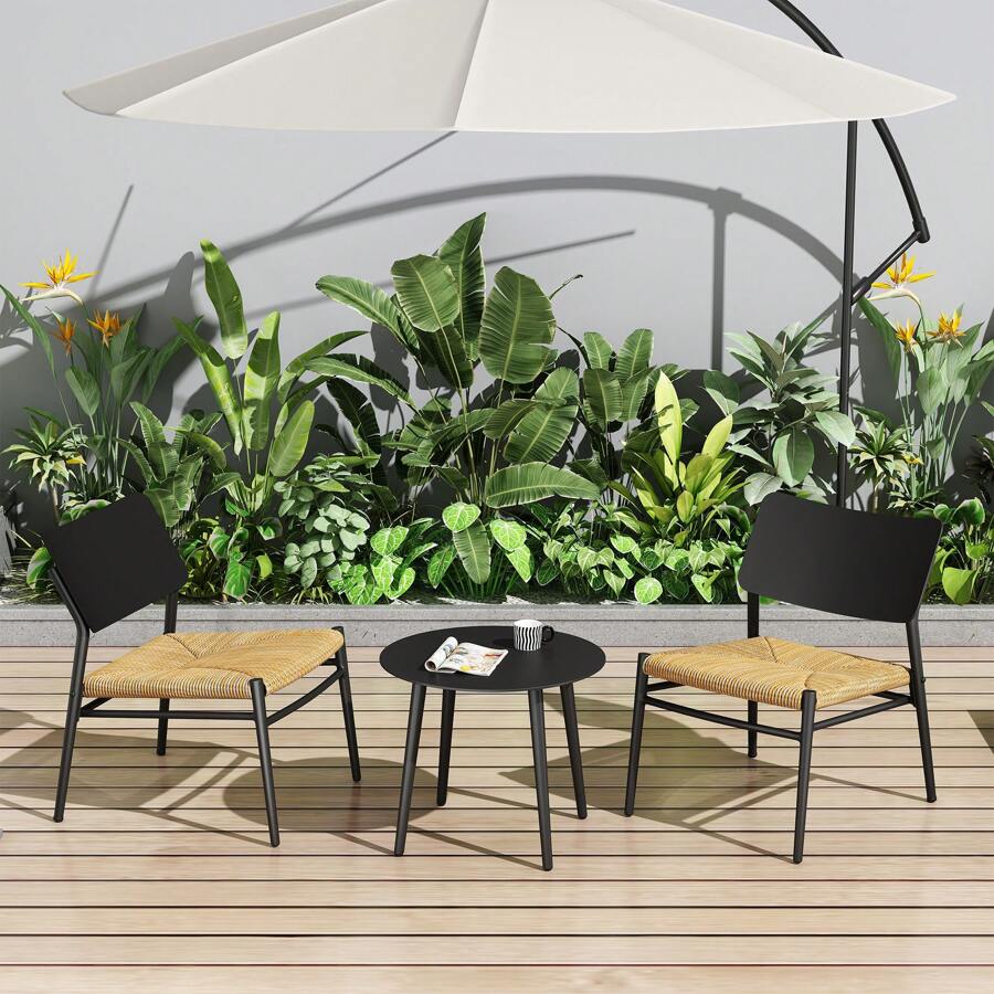 Set van 3 tafels en stoelen voor binnen en buiten, 2 stoelen en 1 ronde bijzettafel voor bistro, balkon, terras, tuin, balkonmeubel van aluminium en roestvrij staal met PE rattan zitkussens