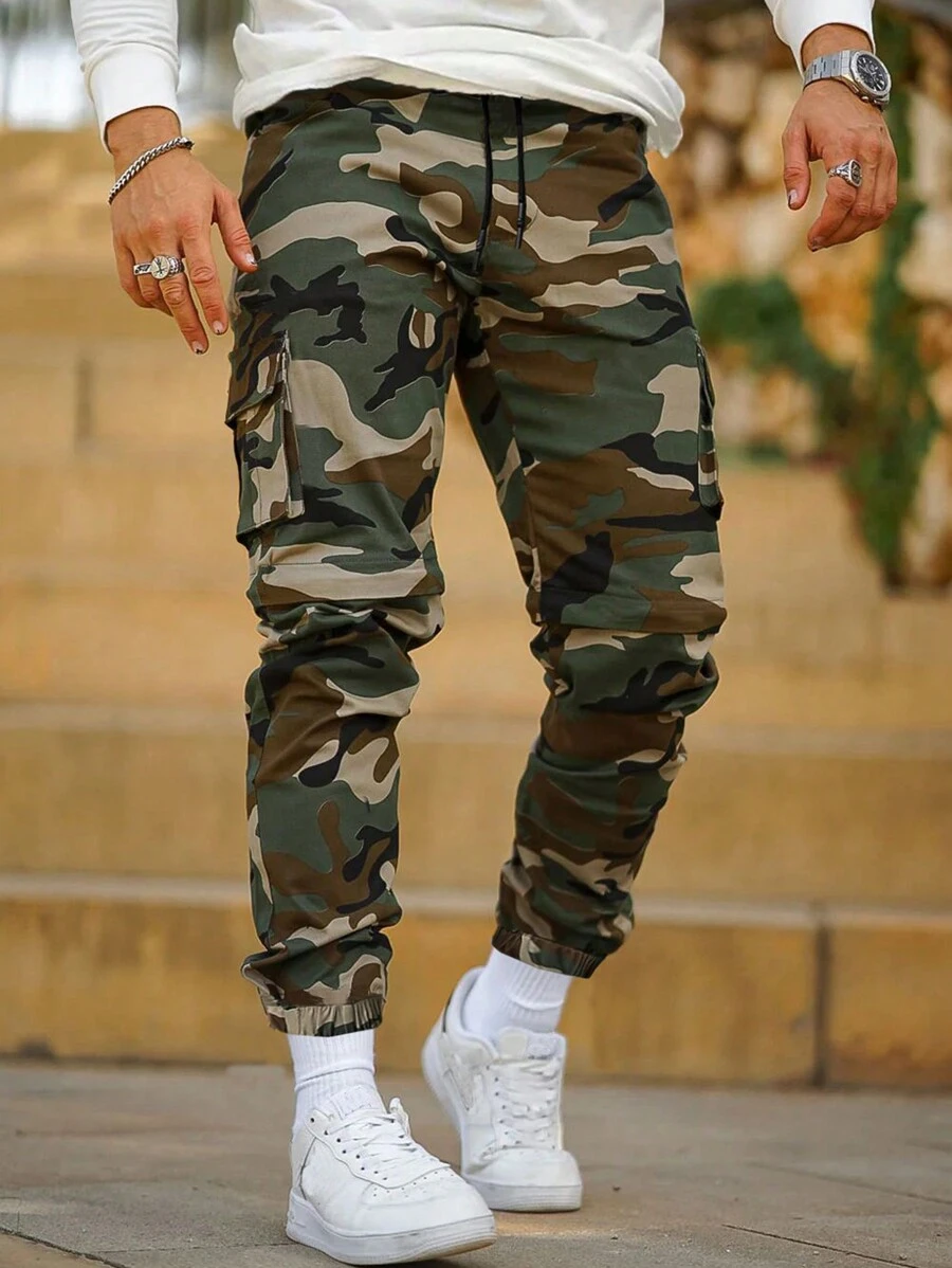 Pantalón de carga de utilidad para hombre, con diseño de camuflaje multibolsillos, pantalones informales para exterior de moda