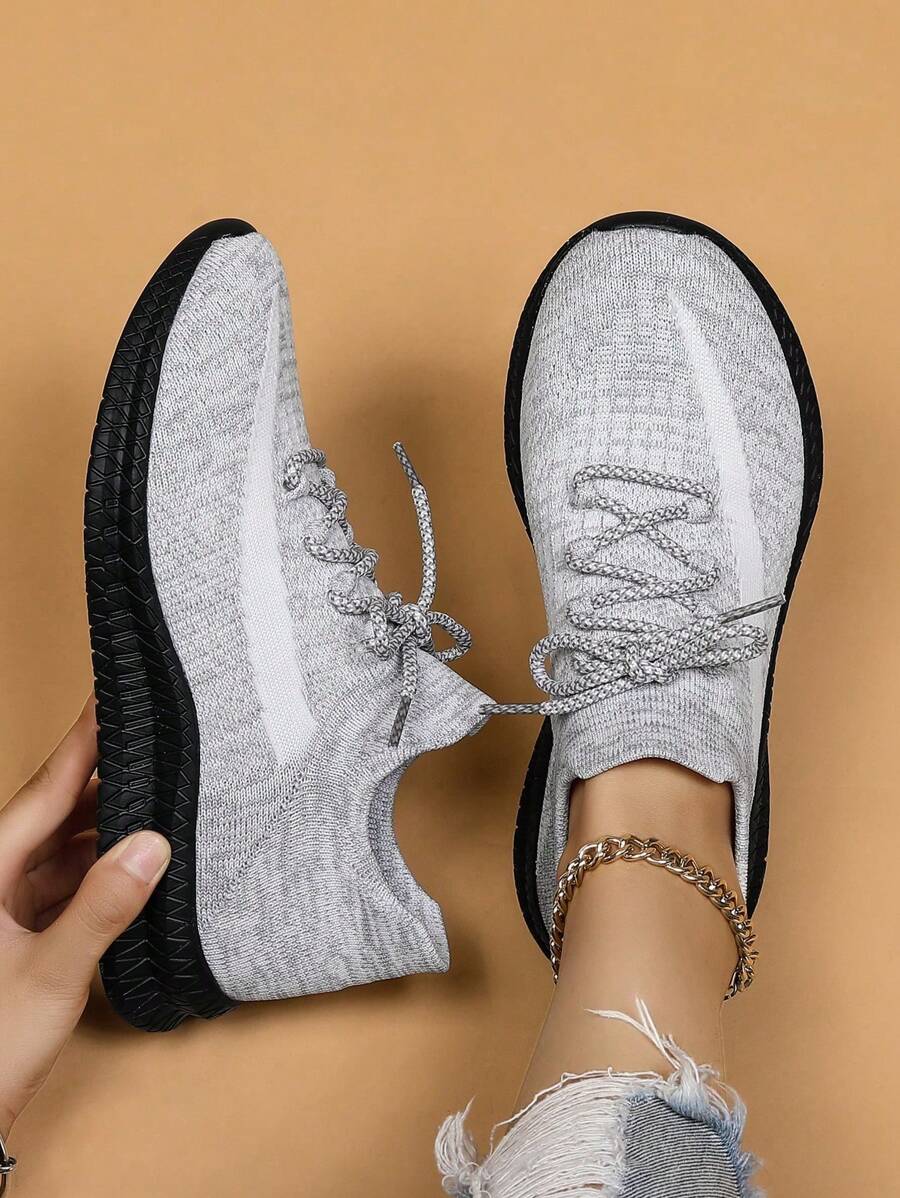 Women's Fashionable Lace-Up Front Low Top Slip On Sneakers, Casual Comfortable Splash Ink Sole Ankle Socks Shoes, Knit Breathable Sports Running Shoes For Daily Wear Spring