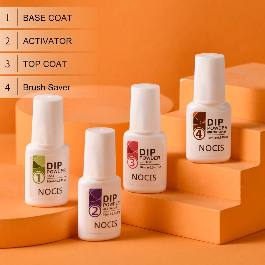 4pcs 10ml Dip Powder Liquid - Activator, Base, Top Gel Coat, And Brush Saver For Nail Art - No Curing Needed - Perfect For Nail Salons And Home Manicures