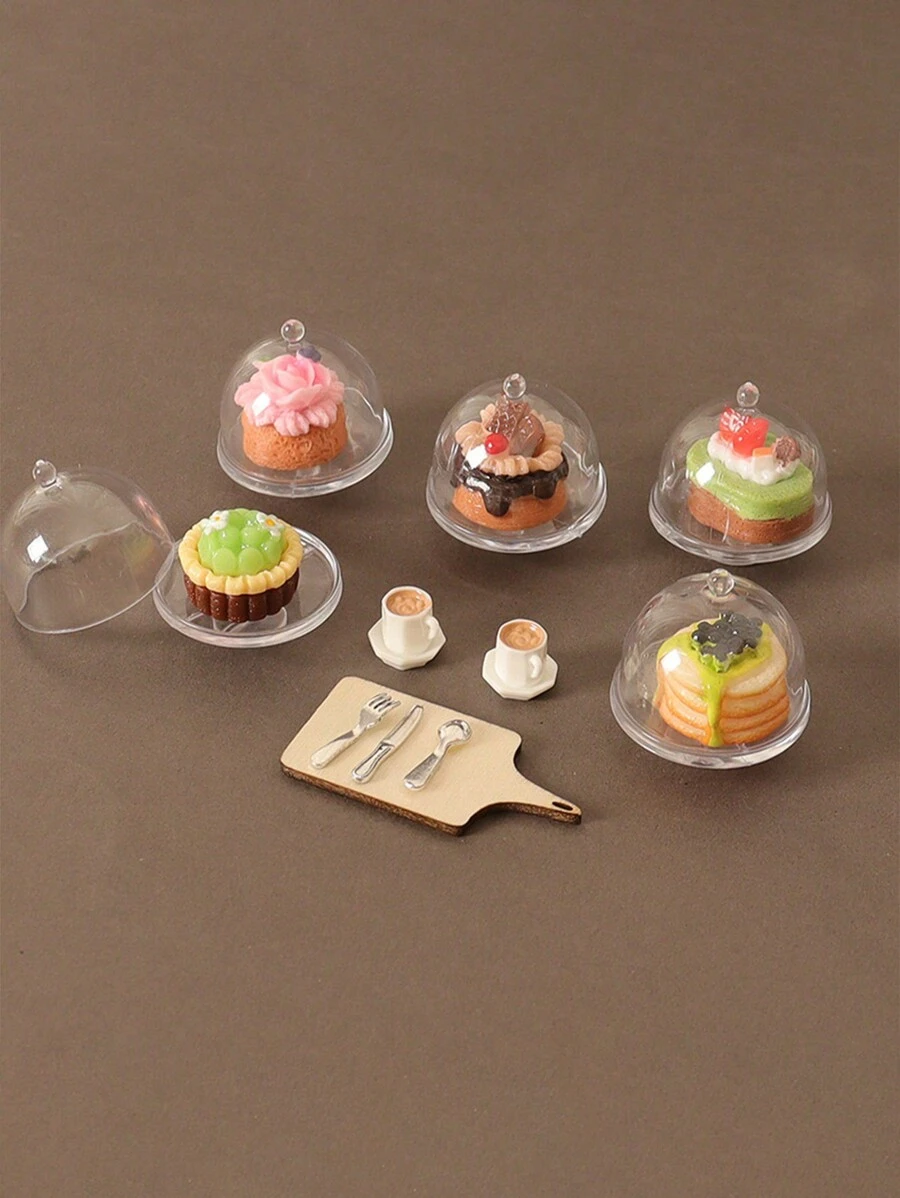 1 set de 7 piezas, modelo de Set de alimentos de la casa de muñecas en escala 1:12, con simulación de pastel, bandeja de café, vajilla, juguetes de cocina, plato de café, taza, cuchara, modelo de alimentos, decoración de cocina, decoración del hogar, decoración de habitación, suministros de fiesta, accesorios de bricolaje, accesorios para fotografía