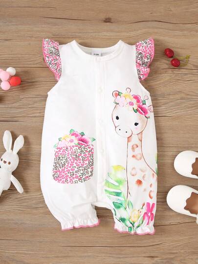 Baby Girl Casual White Printed Giraffe Romper, Summer