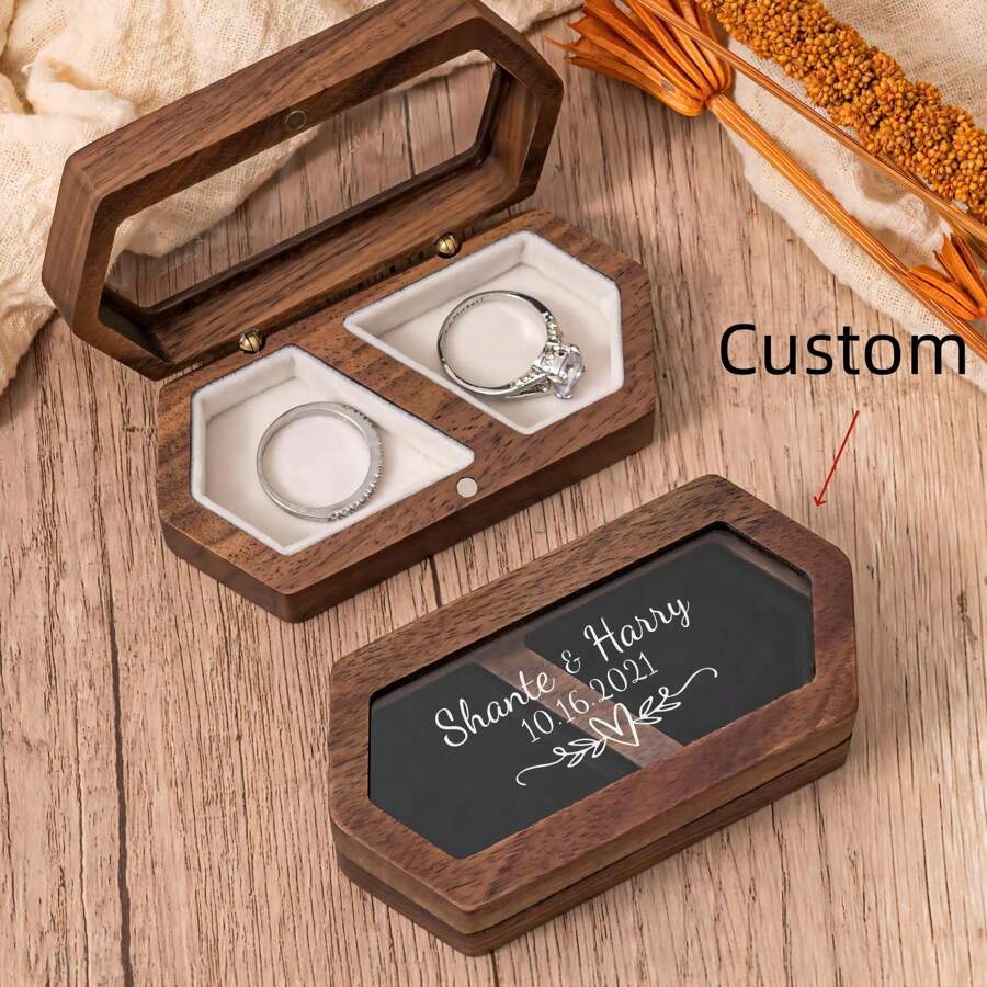 Boîte à bague de mariage personnalisée, boîte à bague en bois gravée, boîte à bague à double fente pour les demandes en mariage, boîte porte-alliances rustique personnalisée, cadeau romantique pour femmes. Style automnal, vintage, vieille monnaie personnalisée, unique. Cadeaux idéaux pour elle, petite amie, maman, papa, famille pour les anniversaires, la Saint-Valentin, les mariages