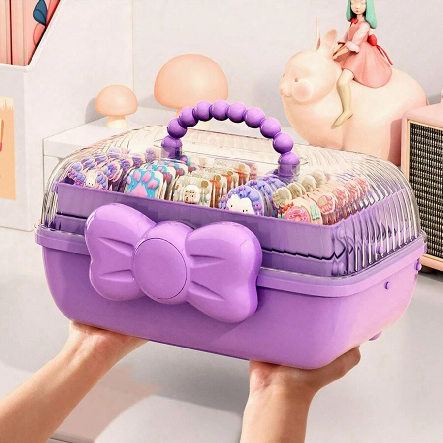 1pc 3-Tier Bowknot Hair Accessories Storage Box For Children, Portable Large Capacity Desk Makeup Organizer, Suitable For Hair Clips And Headbands Valentine Day