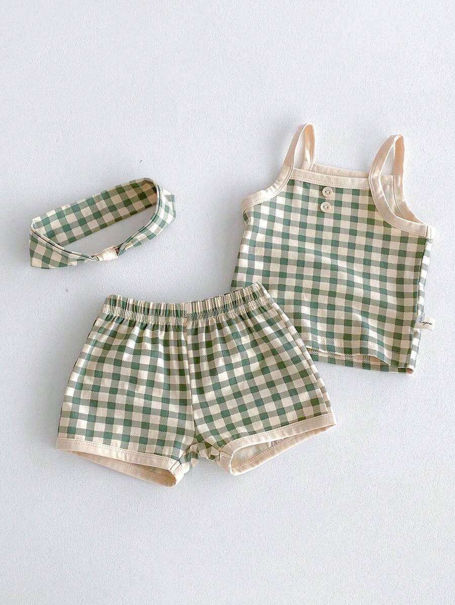 Set de ropa casual de verano para niña bebé con top de tanque a cuadros lindo y pantalones cortos