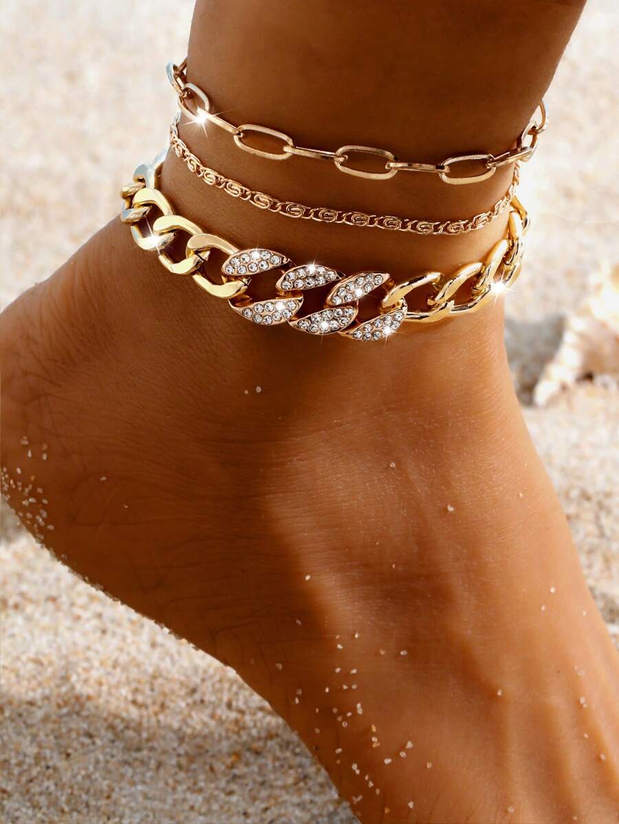 Conjunto de 3 piezas de tobilleras de cerradura con incrustaciones de diamantes de imitación de moda