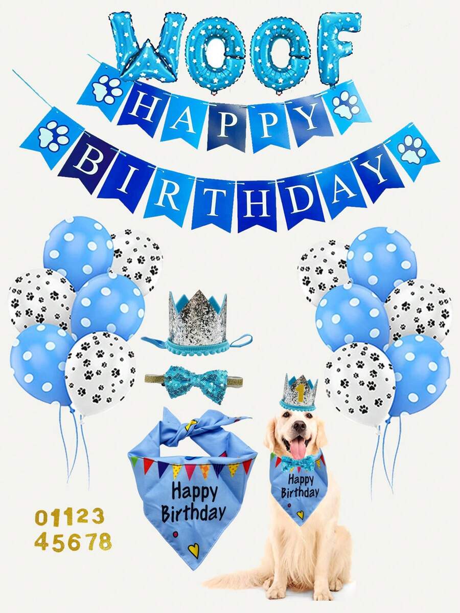 Geburtstags-Deko-Set für Hunde, bestehend aus 1 Stück Geburtstagskrone in 3D-Optik, 1 Stück 'Woof'-Aluminiumfolienballon, 1 Stück Bandana für das Geburtstagskind, 1 Stück blauer Halsbinder, 1 Stück Happy Birthday Banner, 12 Stücke 12-Zoll-Latexballons und 1 Packung goldener Zahlballons von 0 bis 8 passend für kleine und mittelgroße Hunde.