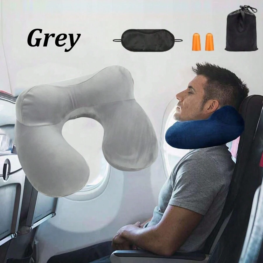 3-teiliges Set aus Augenmaske, Ohrstöpsel, Anti-Lärm- und Anti-Helligkeits-Nackenkissen Reisekissen, aufblasbares kompaktes Nackenkissen, ergonomisches Kopfteil mit samtweichem waschbarem Bezug für Camping, Reisen, Flugzeug, Zug, Auto, Büro