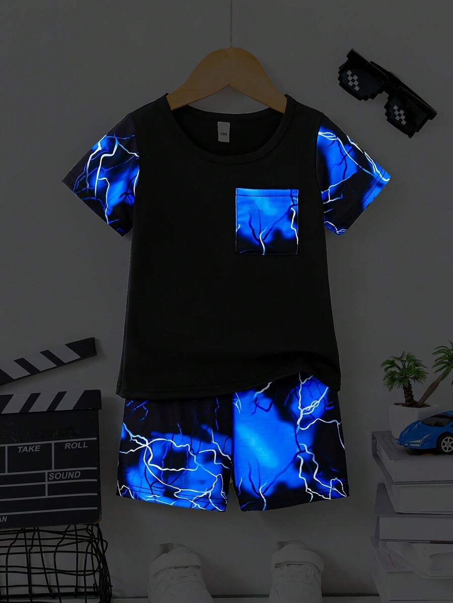 2pcs Young Boy Blue Lightning Print Short Sleeve T-Shirt And Shorts Set - Comfy And Stretchable Outfit For Children