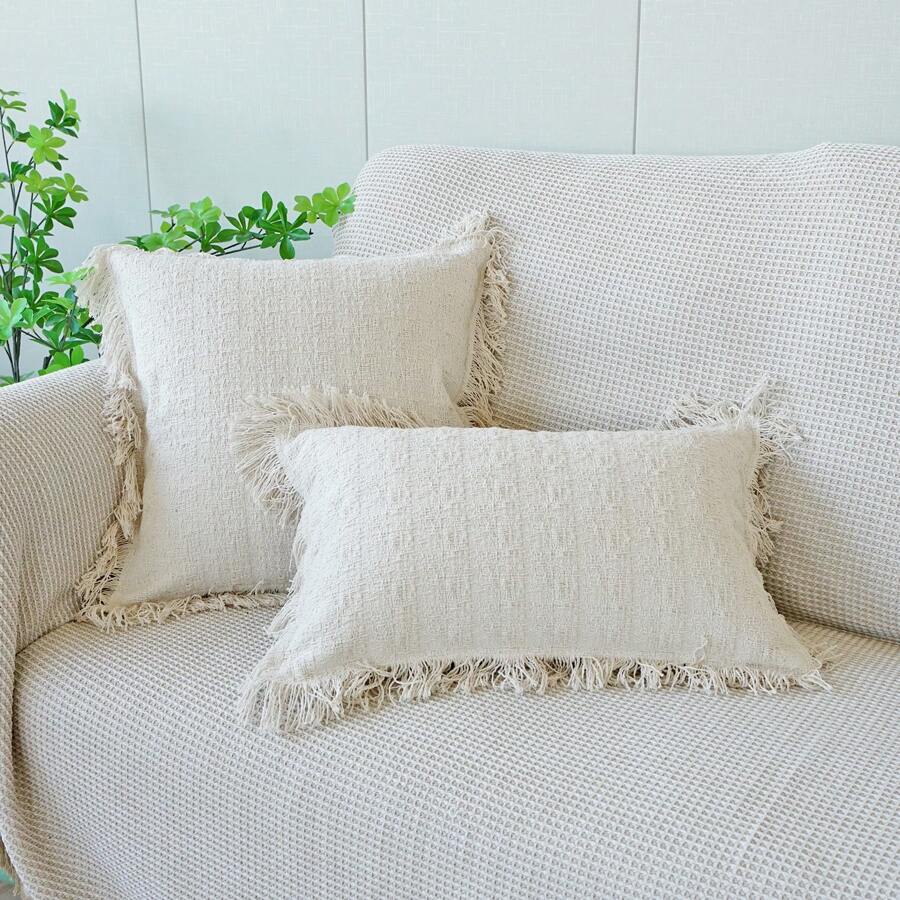 1 pièce Housse de coussin à franges en tricot texturé, Housse de coussin pour canapé de couleur unie, Housse de coussin pour appui-tête de lit pour décoration de chambre bohème