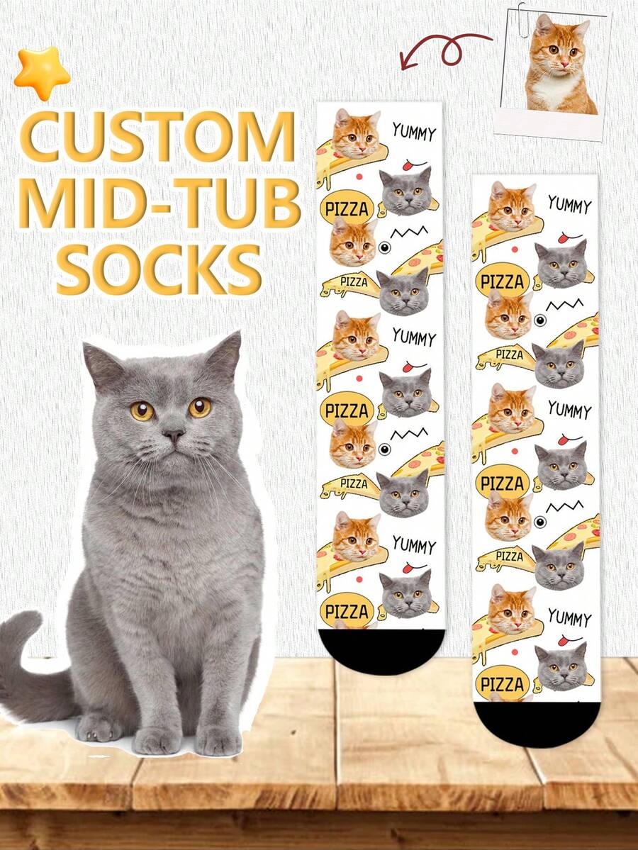 1 par de calcetines divertidos de media caña con patrón de gato de dibujos animados personalizados para hombres, calcetines de tripulación de pareja con imagen personalizada interesante, adecuados para el Día de San Valentín, regalos de cumpleaños y otras ocasiones