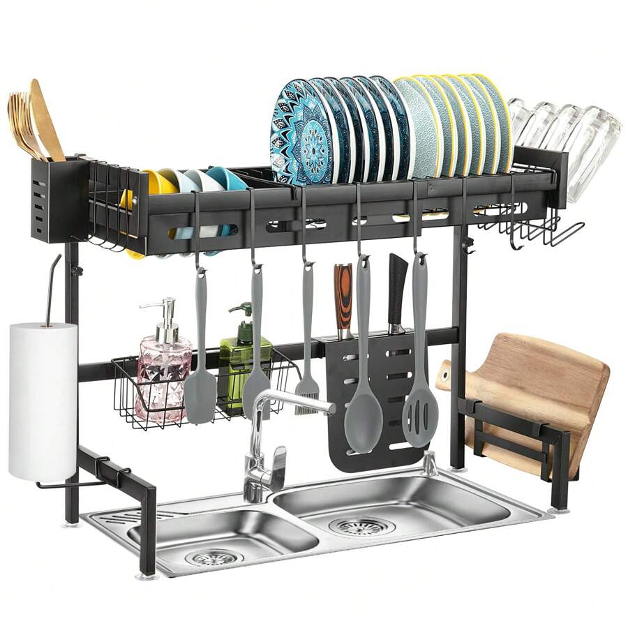 Over The Sink Dish Drying Rack (Expandable Height And Length),Adjustable Stainless Steel Kitchen Drainer Organizer For Plates,Cups, Knife,Utensils - Space,Saving Design,25.6-35.5 Inch